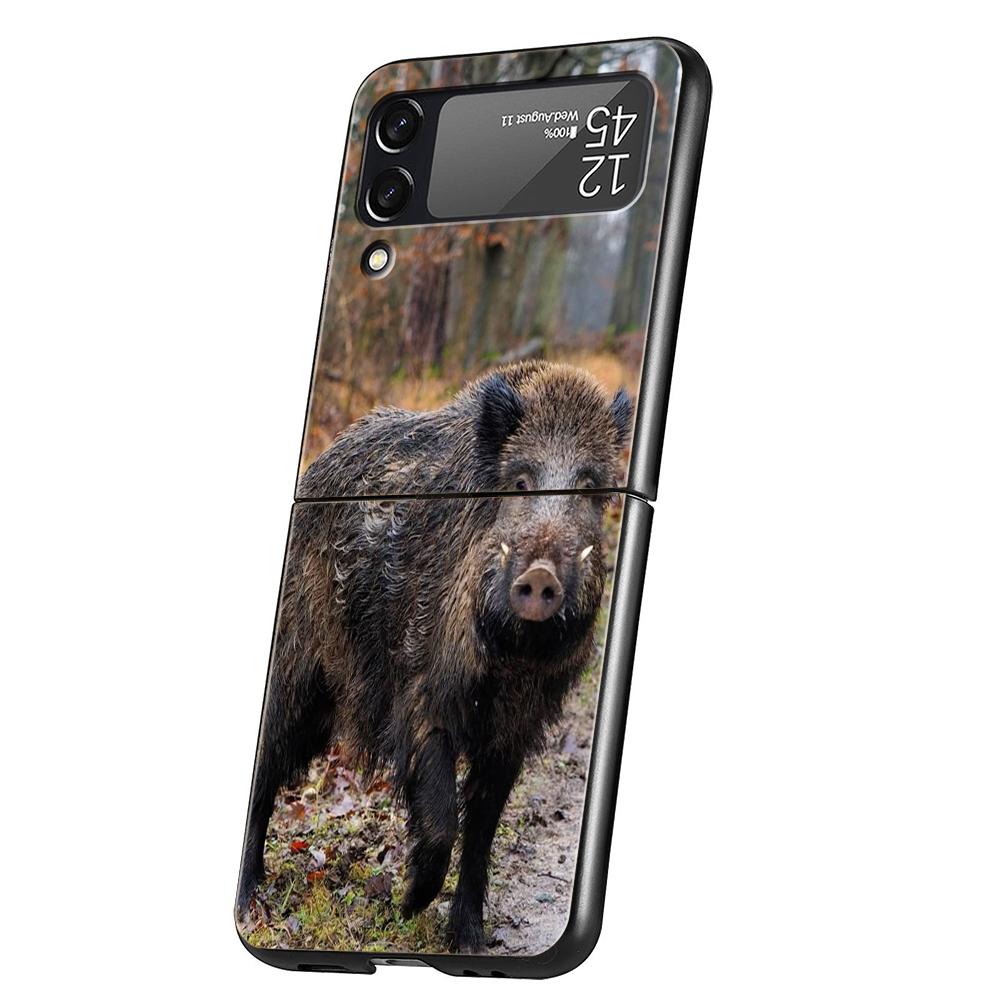 Luxury Phone Case For Samsung Galaxy Z Flip 3 4 5 6 Hard Black Folding PC For Samsung Z Flip3 Flip4 Flip5 Cover Animal Wild Boar