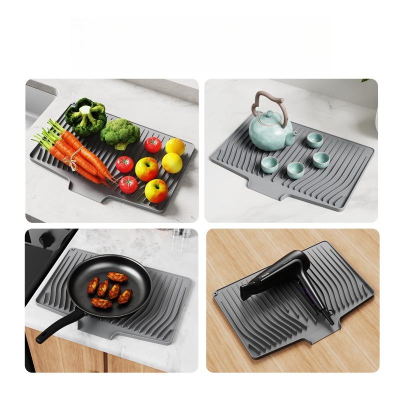 Silicone Kitchen Counter Drying Mat Non-Slip Dish Drainer Pad with Slope Design for Plates Heat-Resistant Utensil Drain Board