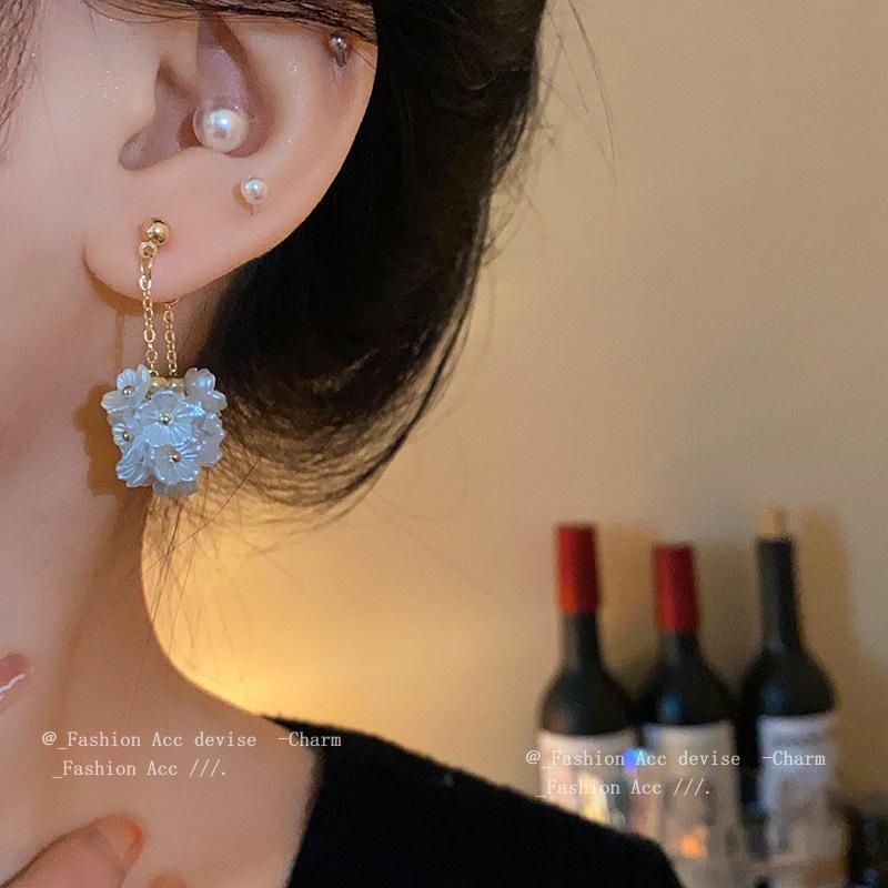 Silver Needle Pearl Flower Tassel Earrings Retro Sweet Temperament Earrings Fashion Versatile Premium Earrings Women