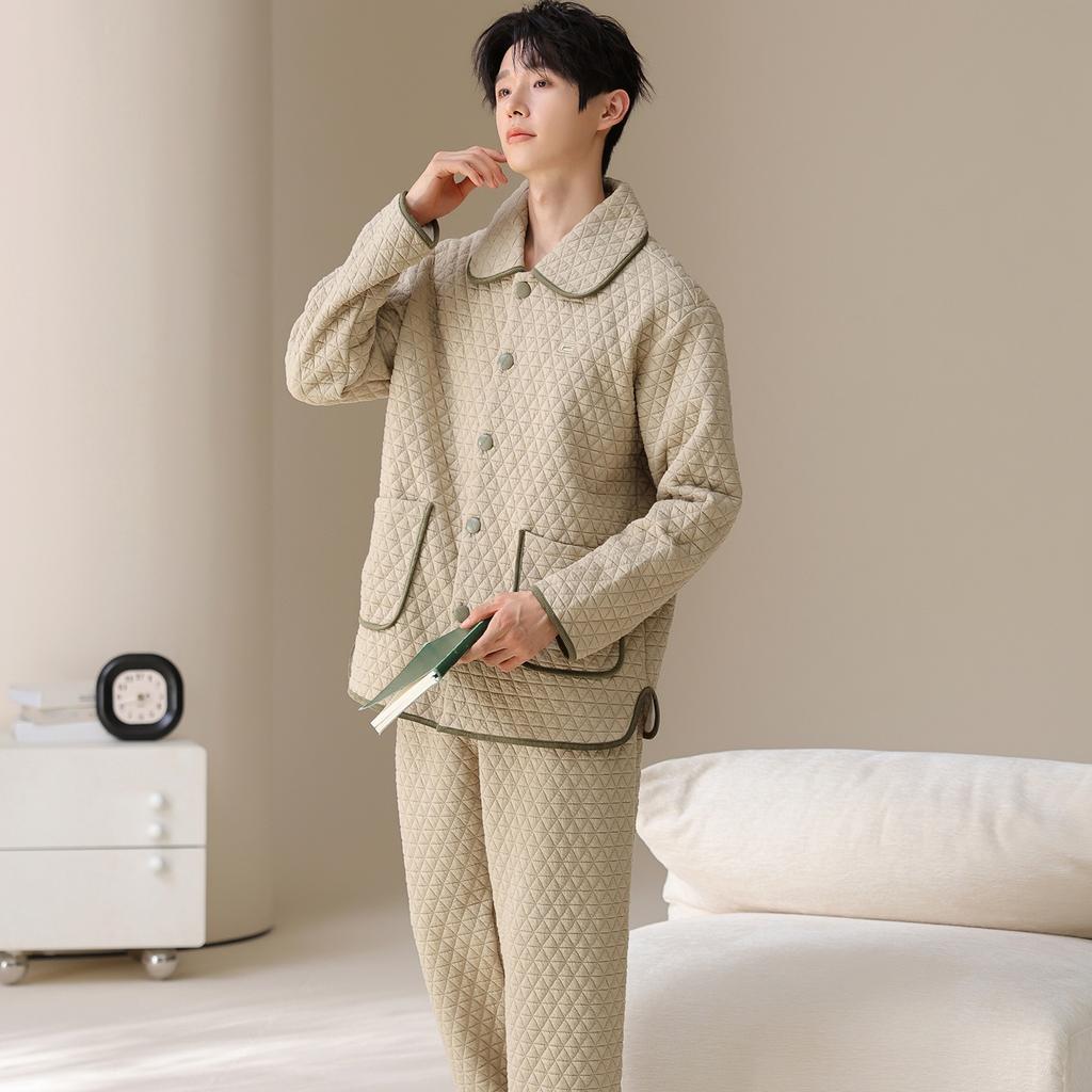 Air Cotton Mezzanine Pajamas Men'S Autumn And Winter Cotton Long-Sleeved Thickened Loungewear Suit