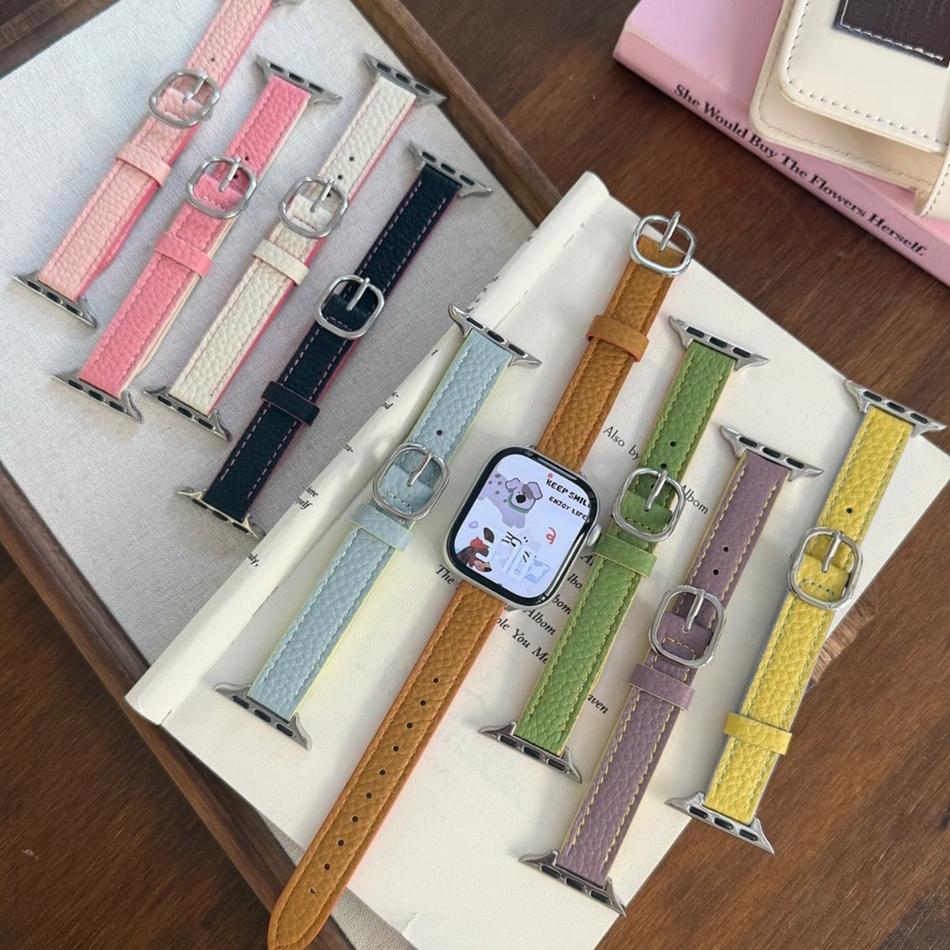 Two-tone Lychee Leather Bracelet For Apple Watch Band S11/10/9/8/7/6/Ultra iWatch Strap 49/46/45/44/42/41/40/38mm Slim Stylish