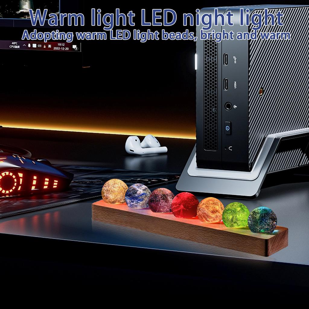 LED 7 Colorful Glass Ball Detachable Rectangle Base Crystal Ball Night Lamp Shiny Multi-purpose Crystal Ball with Wood Stand