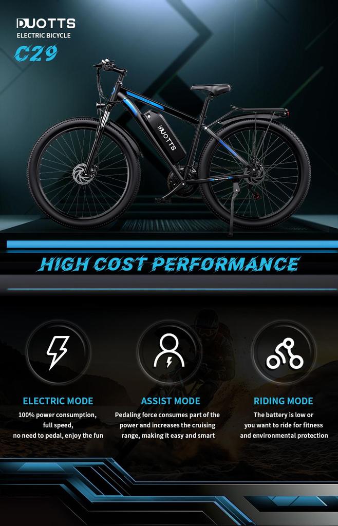DUOTTS C29 Electric Bicycle, 48V 15AH Battery, 29-inch Tires, 21 Speeds, Maximum Range of 100 Kilometers. Black.