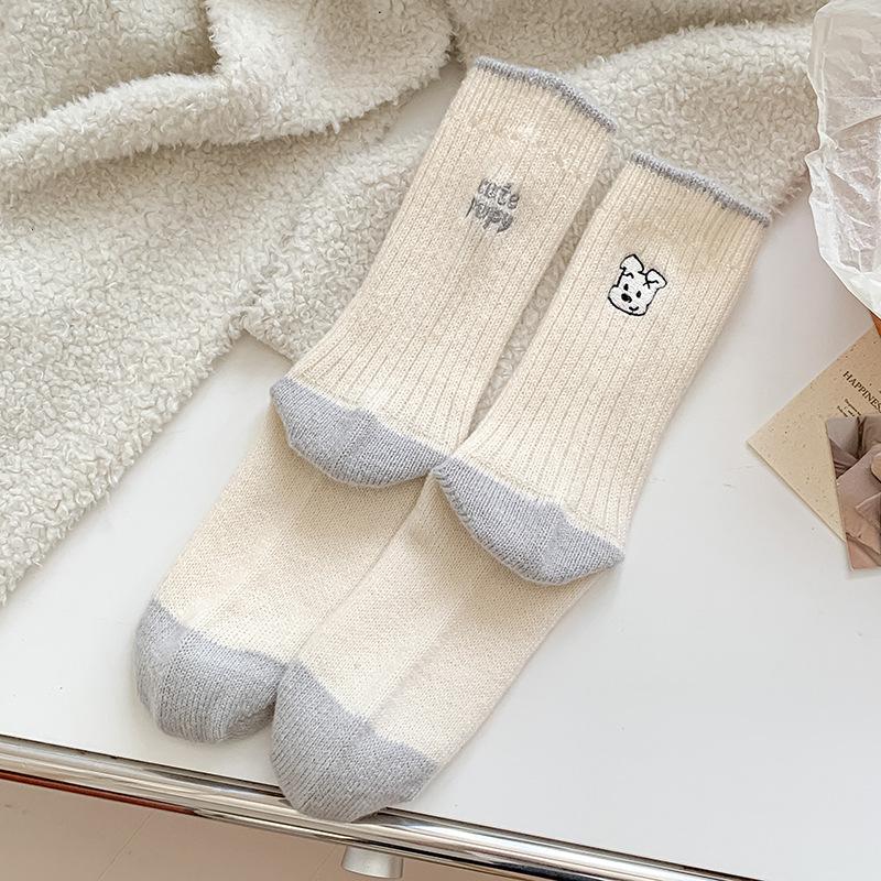 Embroidery Cartoon Socks Stacking Socks Season Fleece Thickened Warm Wool Socks Ab Cute Medium Tube Socks Women