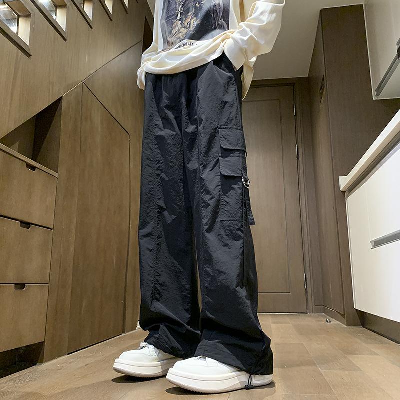 American Solid Color Pleated Functional Tooling Pants Men's Summer Trend High Street Ruffian Handsome Straight Loose Casual Wide-leg Pants