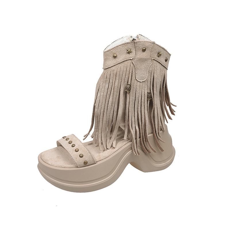 

Inner heightening soft leather Roman rivets fringed cool boots women s 2025 summer new wedge heel open-toed bohemian sandals 40