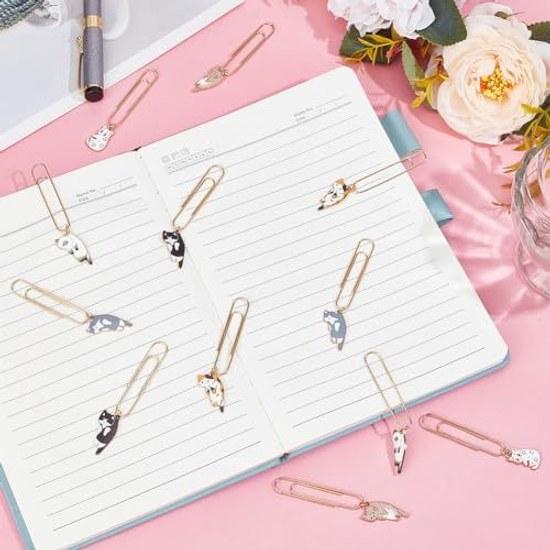OLYCRAFT 12 pieces 6 colors paper clips gem enamel cat page bookmarks decorative office stationery document organization invitations notepads.