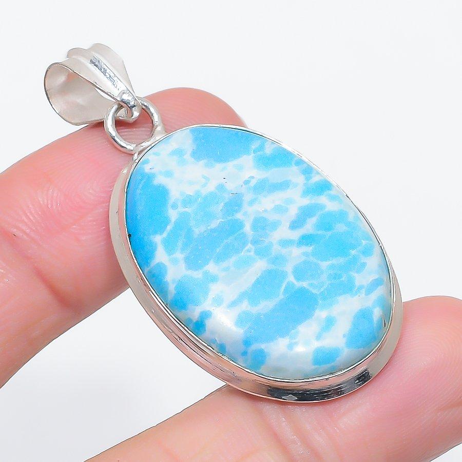 Natural Larimar Gemstone Handmade 925 Sterling Silver Jewelry Pendant 2.05" K8S70