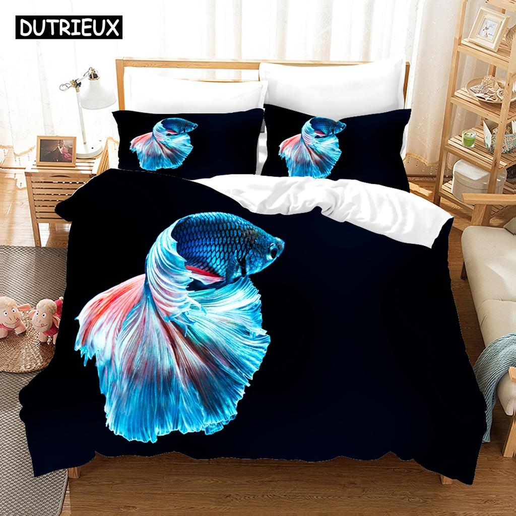 3D Printed Cartoon Fish Photo Chinoiserie Bedding Set Down Quilt Cover With Pillowcase Double Complete  King
