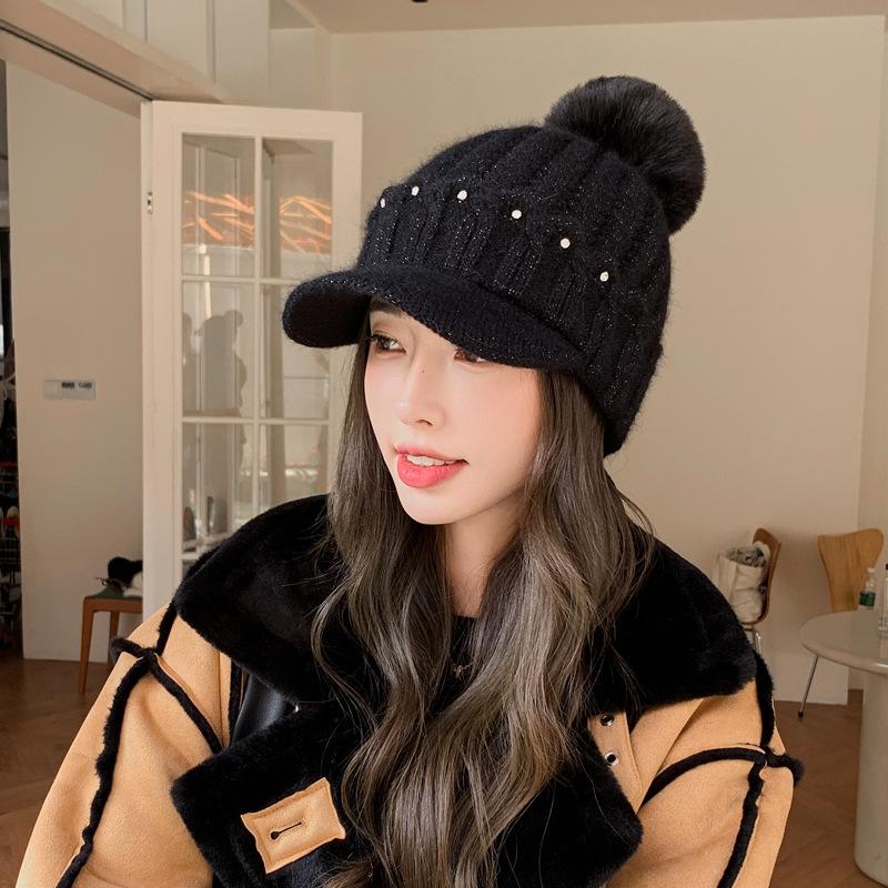 Knitted Baseball Cap Female Rabbit Hair Blended Cap Fleece Warm Wool Cap Autumn And Winter Cold Ear Protector Tide
