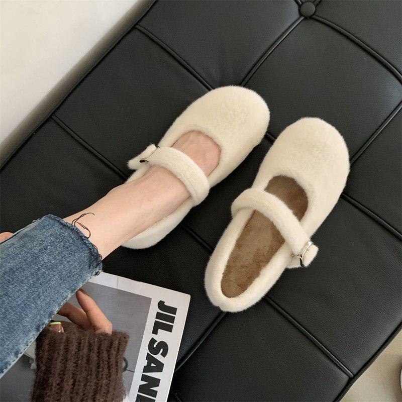 Korean Style Furry Mary Jane Flats for Women - Autumn & Winter Collection in Off-White & Black