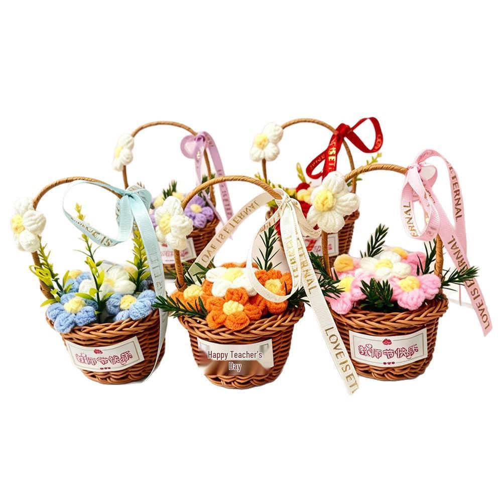 Hand-Knitted Yarn Flower Basket Gift for Teacher's Day