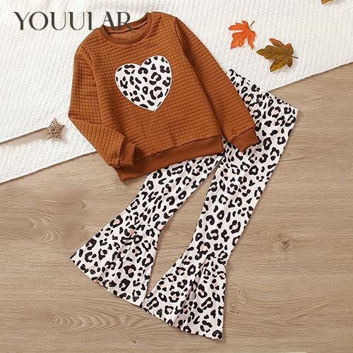 

2 предмета для девочек: пуловер с леопардовым принтом в форме сердца + брюки-клеш с леопардовым принтом, детская одежда на осень