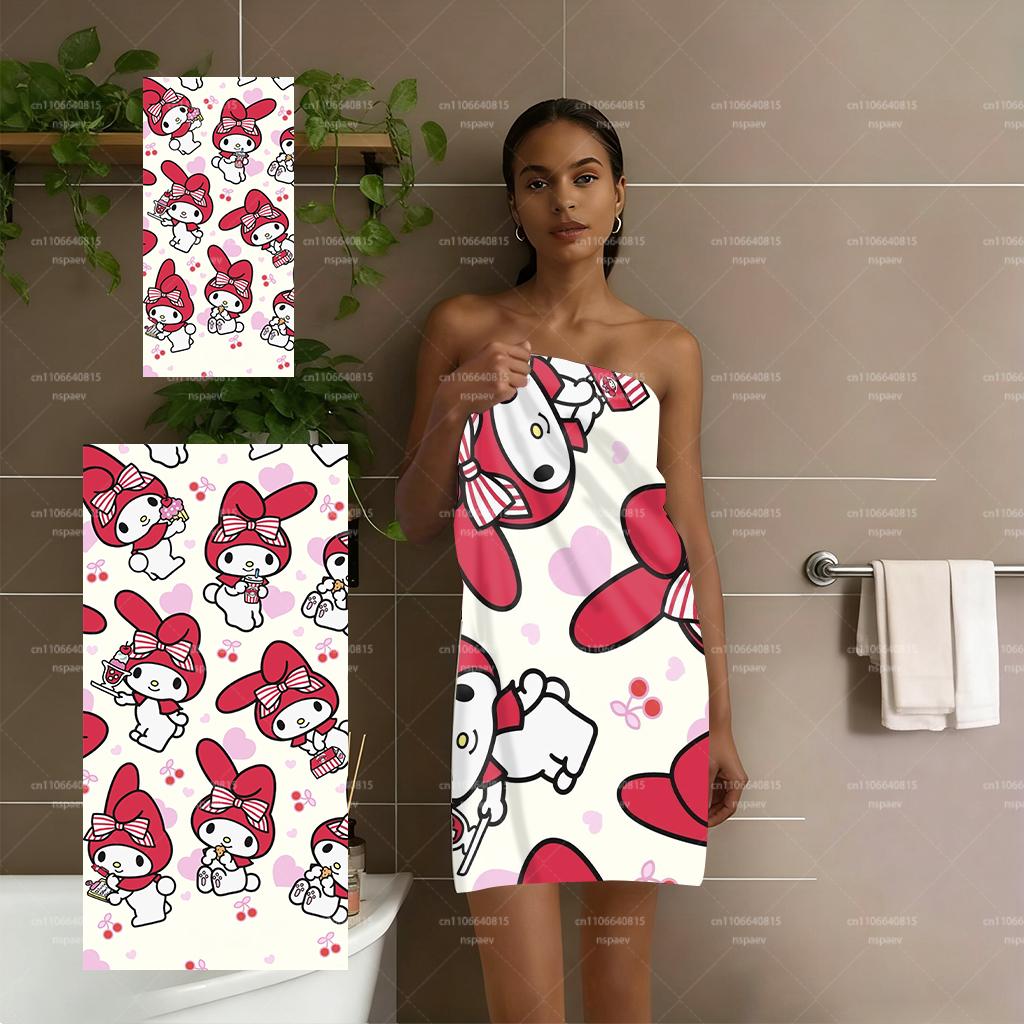 My Melody Kawaii Beach Towel, Sanrio Cartoon Print Quick Dry Bath Towel for Kids Adults, Cute Cherry Heart Beach Blanket