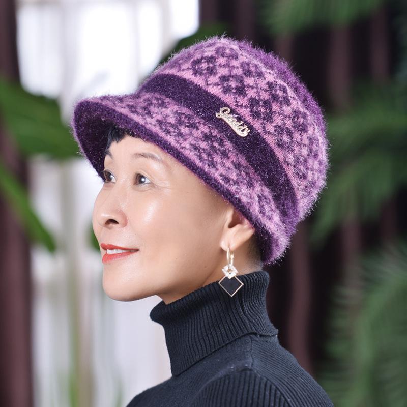 Winter New Hat Women's Fleece Warm Wool Knitted Hat Old Lady Hat