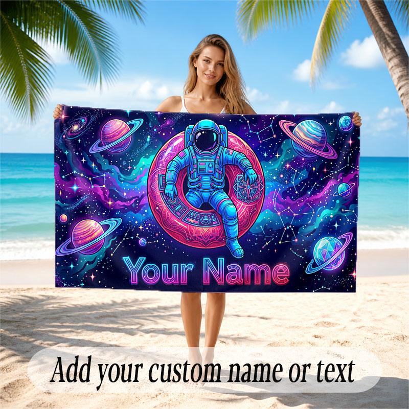 Space Cosmic Theme Soft Beach Towel Personalized Custom Name Text Towel Portable for Beach Pool Travel