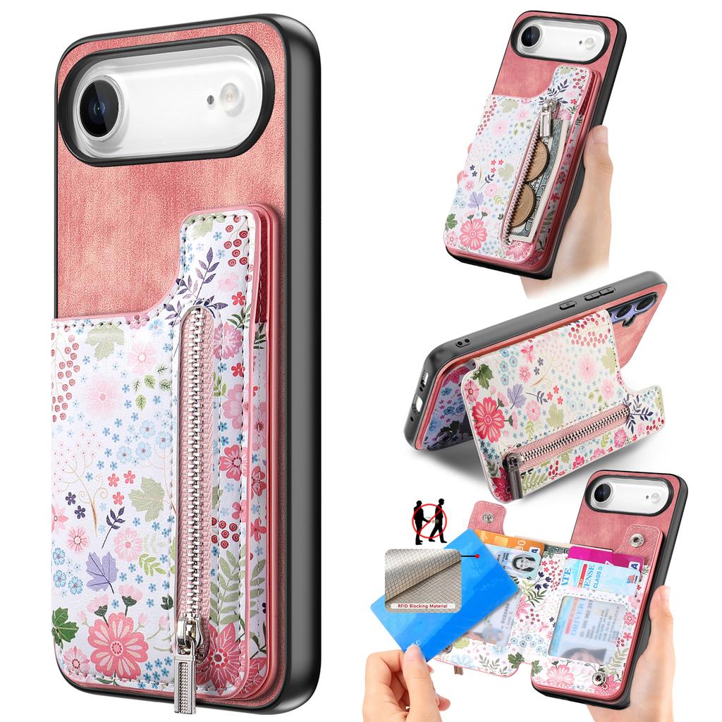 For iPhone Air Leather Phone Cover with RFID Blocking Zipper Card Bag Kickstand