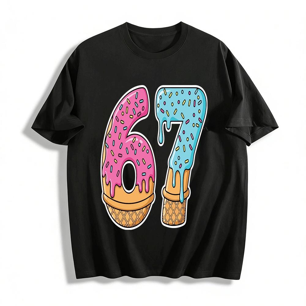 Cute Cone Donut Number 67 Print Casual Tee For Adults Kids Pure cotton T-shirt XXS