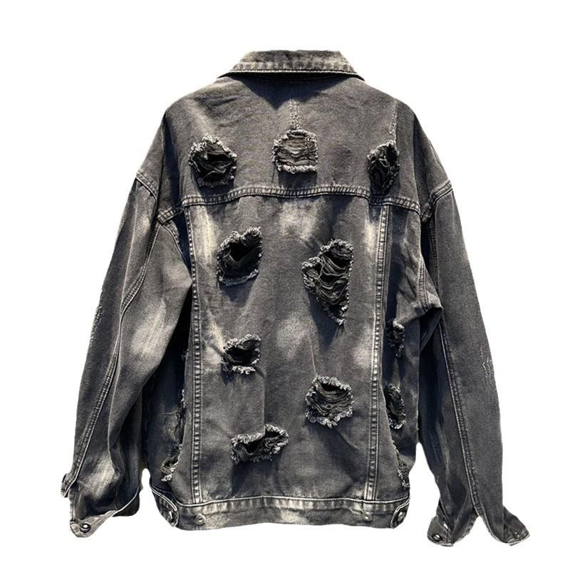 American retro high street old washed denim jacket women's spring and autumn wasteland wind trend ripped jacket top