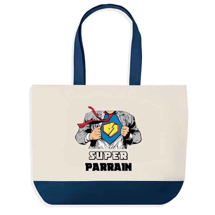Sac shopping - PLANETEE - Super Parrain - fond bleu - coton 40x45 cm - grand format