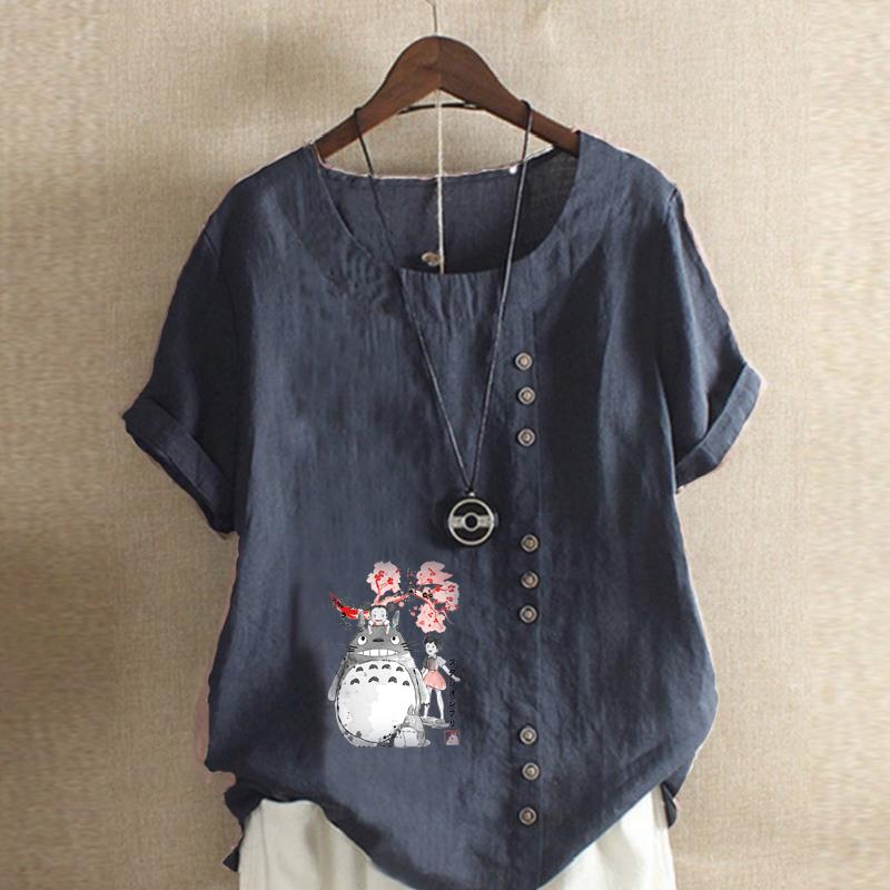 Women's Fashion Round Neck Short Sleeve T-shirt Casual Cotton Linen Graphic Shirt Leisure Loose Cartoon Characters Prined Summer Blouse Tops