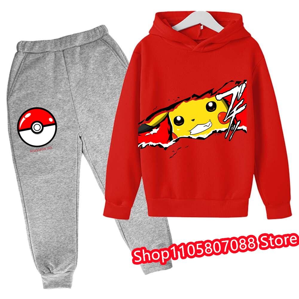 2026 Jaro Podzim 3-14 let Děti Pikachu Kreslená Mikina Set Oblečení pro Kluky Outfit pro Holky