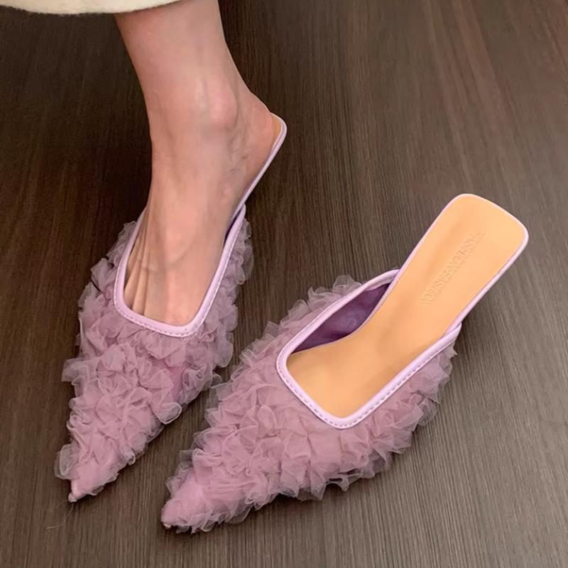 Pointed Toe Heeled Slippers Women Elegant Mules Shoes Mid Heels Sandals 2025 Fashion Slides Summer Pumps New Luxury Woman Shoes