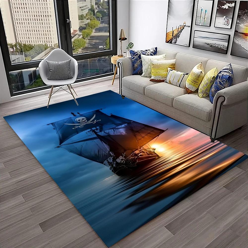 3D Piratenschiff Boot, Bark, Segelboot Teppich für Zuhause Wohnzimmer Schlafzimmer Sofa Fußmatte Dekor, Kinderbereich Teppich Rutschfeste Bodenmatte