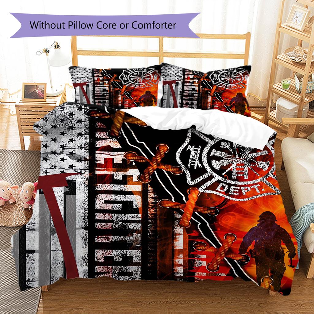 Firefighter Pattern Bedding Quilt Set Quilt Cover Pillowcase Home Decoration Gift (1 * duvet cover + 2 * pillowcase, without core)