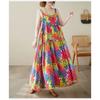 Cotton and Linen Printed Patchwork Long Skirt with Suspender and Large Cake Skirt for Women