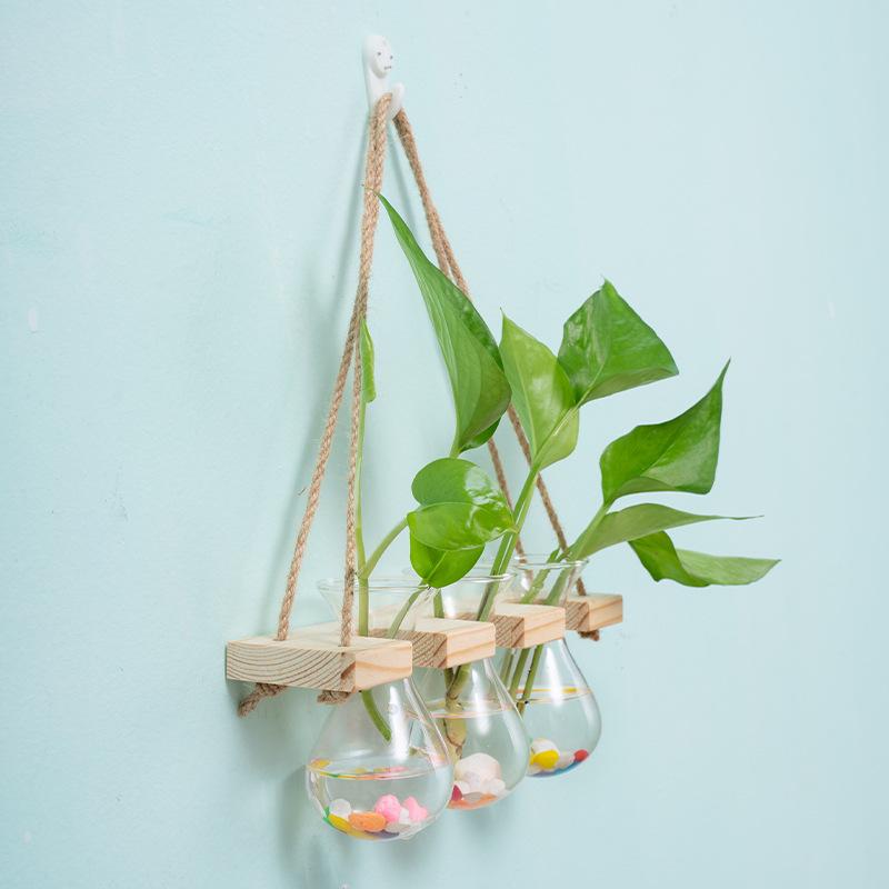 Retro Glass Wall-Mounted Hydroponic Vase with Light - Simple Decorative Ornament for Bedroom & Living Room