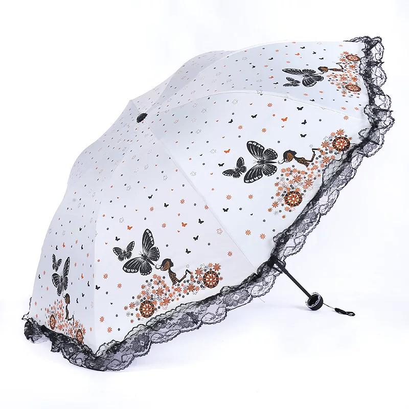Creative Lace Umbrella with Fluttering Butterflies, 70% Off Layers of Black Coating for Sun Protection and Uv Protection, Dual-Purpose Sunshade
