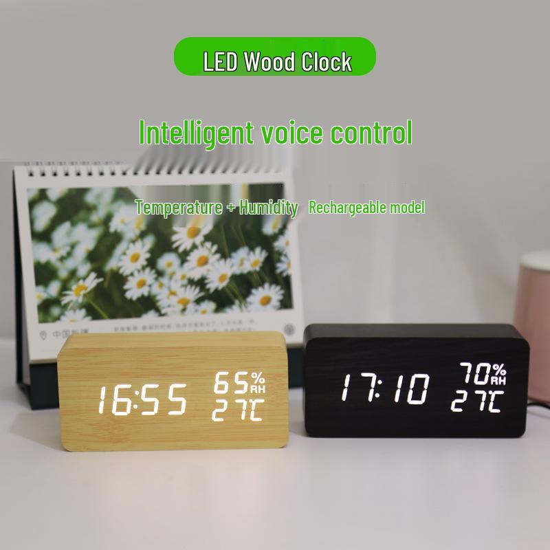 Smart Voice-Controlled LED Wooden Clock with Temperature & Humidity Display