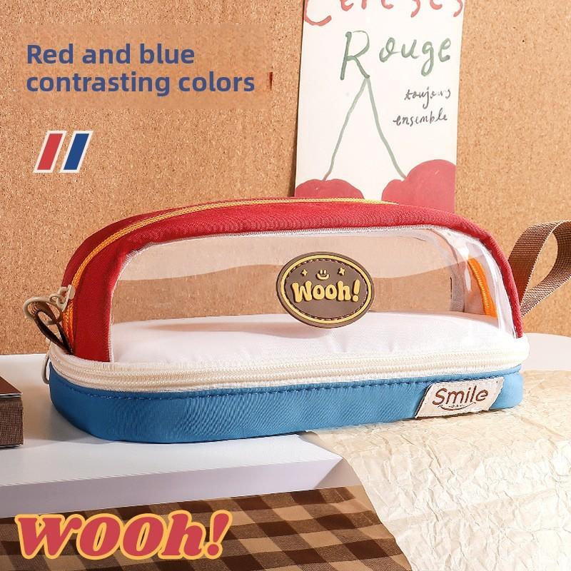 Creative Oxford Cloth Pencil Case With Transparent Color Block For Students And Office Use
