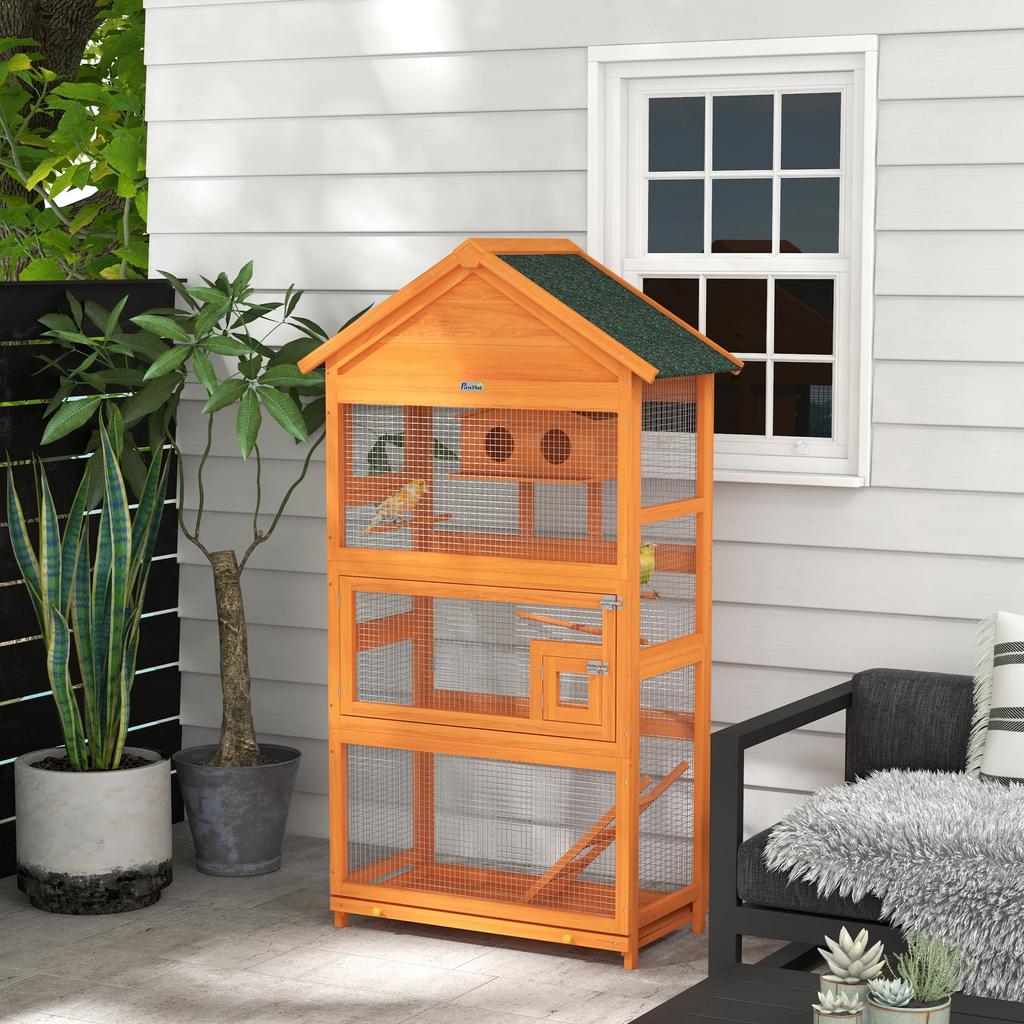 Holz Vogelkäfig Papageienkäfig Spielbereich Wasserdichtes Asphalt Dach 92 x 52 x 171 cm Orange