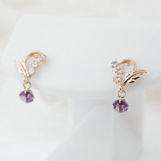 Kotobuki Jewelry February Birthstone Amethyst Angel of Happiness Earrings in 14K Gold and White Gold Set with Polishing (Gift Cloth)