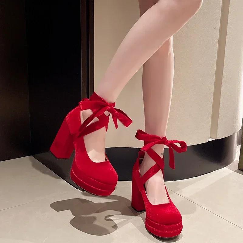 High Heel Round Head Leggings Lace Up Women's High Heel Shoes 2024 Hot Selling High Quality Elegant Women's Shoes