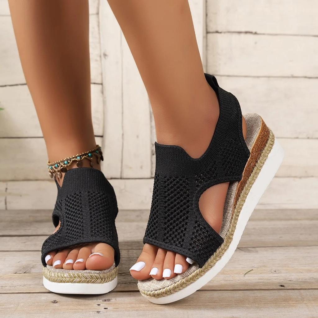 Women's Sandals Large Size Slope Heels Mesh Breathable Wide Foot Shoes Trendy Summer New Brand Wedges Heeled Shoes