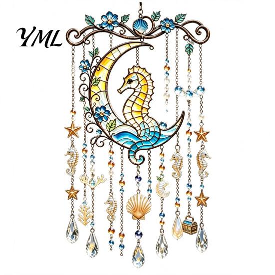 Stained Glass Acrylic Ornament Ocean-Themed Wind Chime Decoration, Animal Hanging Sun Catcher with Faux Crystal Drops, Beach House Wall Ornaments for