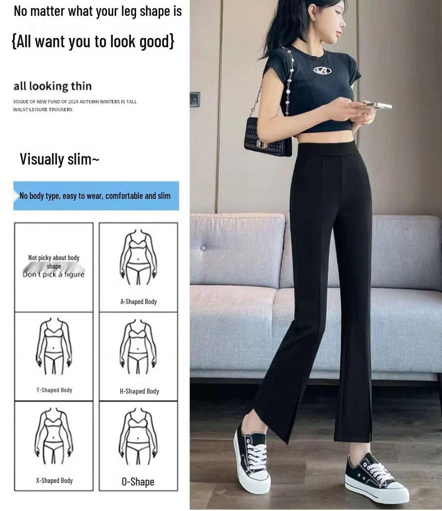 Women's High Waist Flared Black Pants - Slimming, Elastic, Split Hem, Casual - Small Size for Petite Figures, Summer Wear