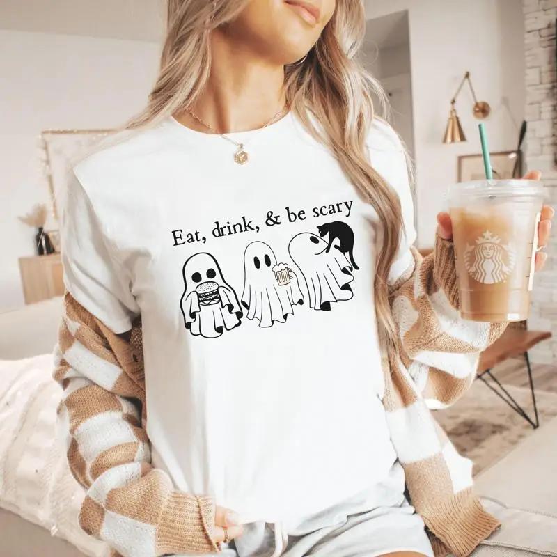 Funny Retro Style Ghost Halloween T Shirt Eat Drink And Be Scary Spooky Fall For Foodies Beer Drinkers