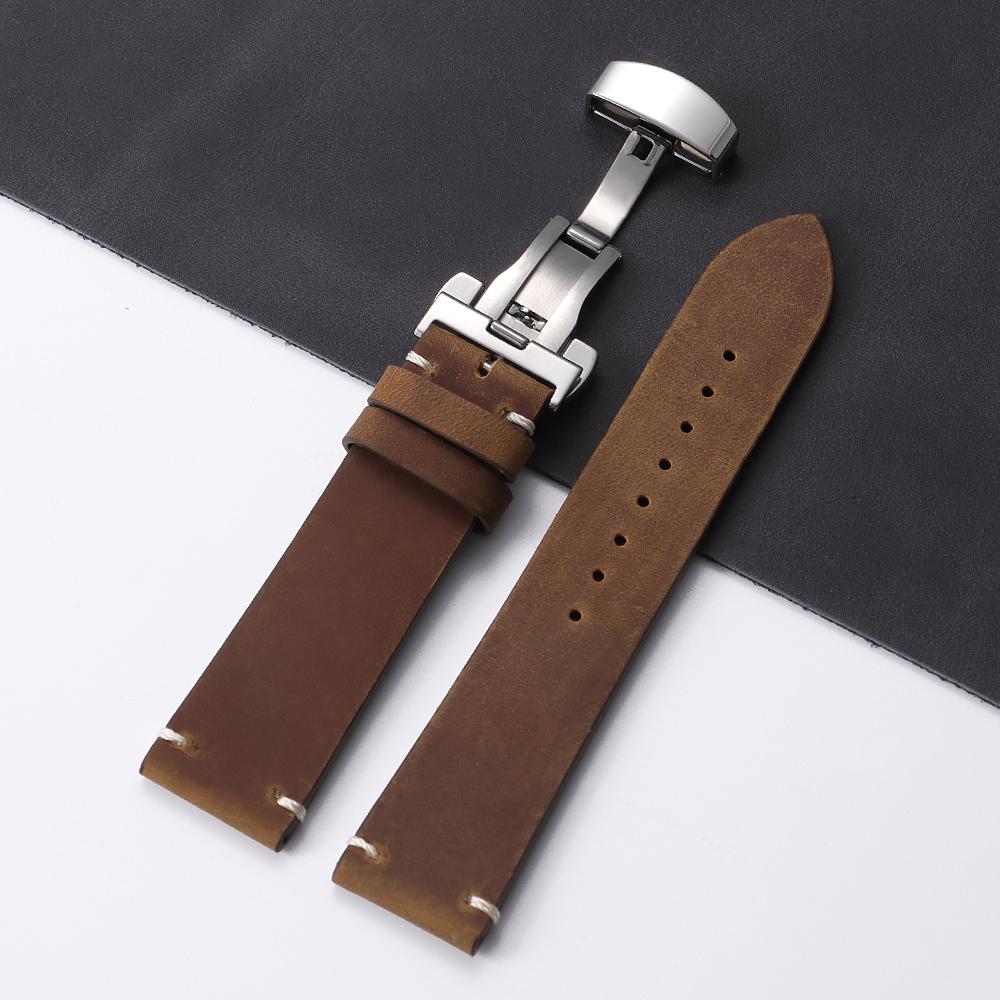 18/20/21/22/24mm Crazy Horse Cowhide Strap for Omega for Wrist Bracelet for Seiko Vintage Leather Watch Band Butterfly Buckle