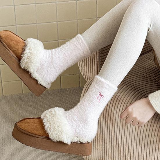 Women Fuzzy Socks Cute Embroidered Bow Knot Thick Socks Fluffy Warm Cozy Socks for Girls Winter Home Indoor Lounging Sleeping