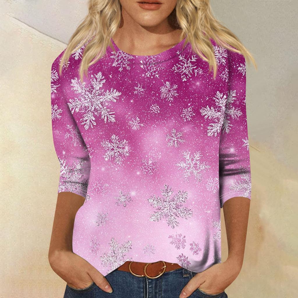 Women's Christmas Print Three-Quarter Sleeve Loose Fit Casual Neck Shirt Top