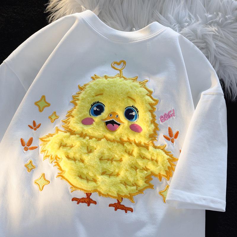 

Women s Japanese Flocked Silly Chick T-Shirt - Short Sleeve, Summer Artistic Design, College Style, Couple s Top XL білий