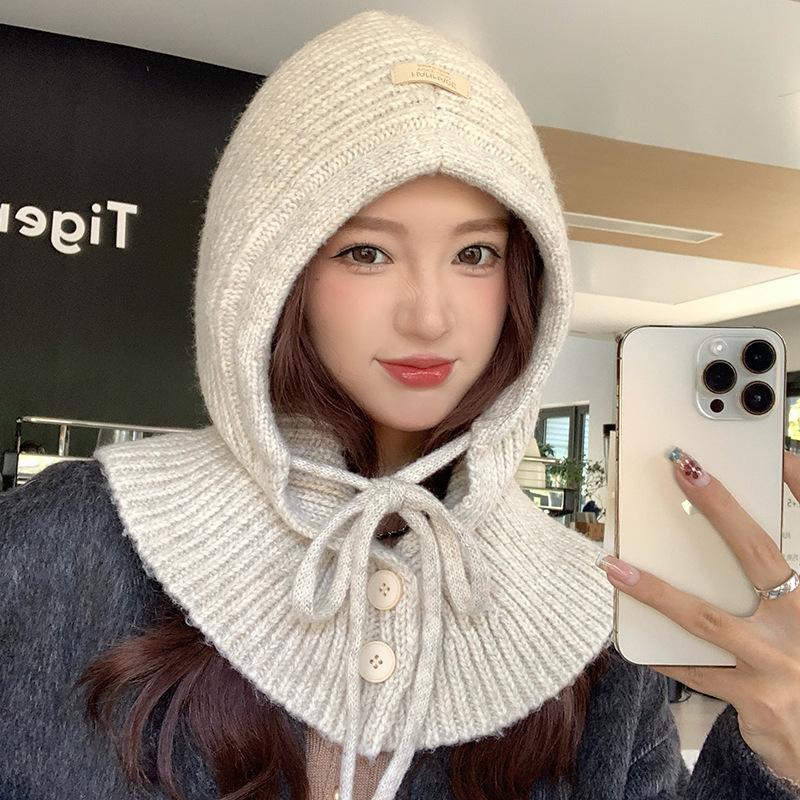 

Балаклава жіноча осіння та зимова великого обхвату голови в язана з капюшоном шарф-шаль інтегрована теплозахист вух вовняна шапка not picky бежевий