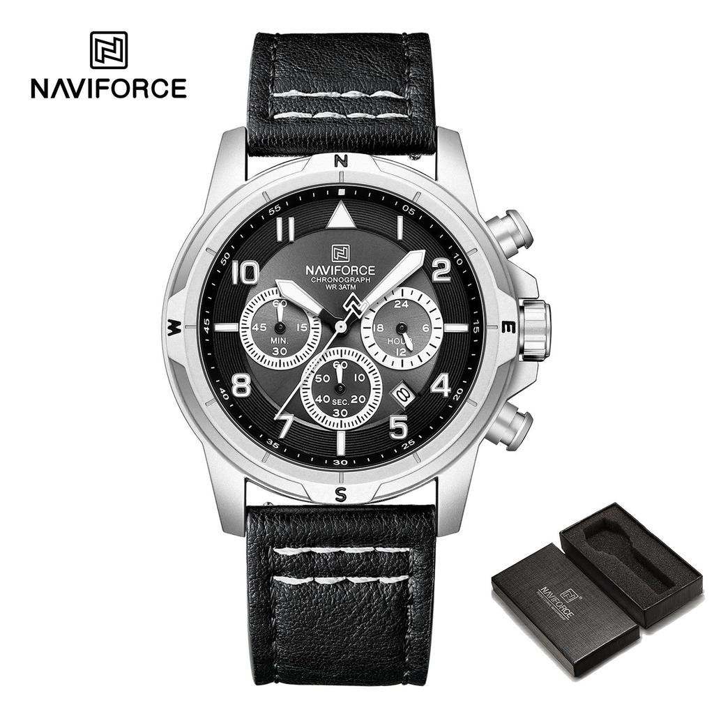 NAVIFORCE Original Men Quartz Watch Chronograph Mini Dial Calendar Date Leather Strap Luminous Hands 30m Waterproof Men Watch Gift NF8077