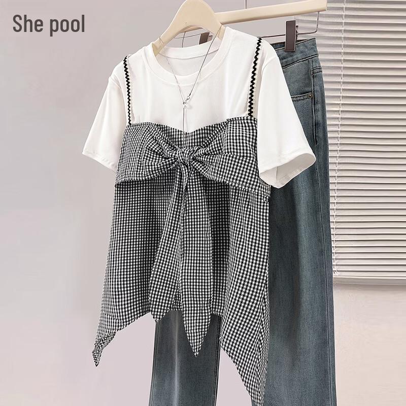 

Women s Patchwork Bow Tie Detail Short Sleeve T-Shirt S