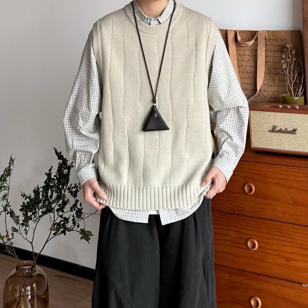 Japansk Retro Herr- & Damstickad Rundhalsad Väst för Lager på Lager Höst & Vinter