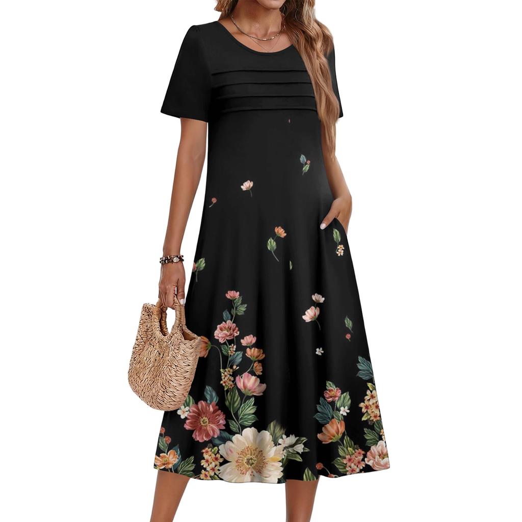 Ladies' Floral Printed Casual And Fashionable Short Sleeved Round Neck Dress